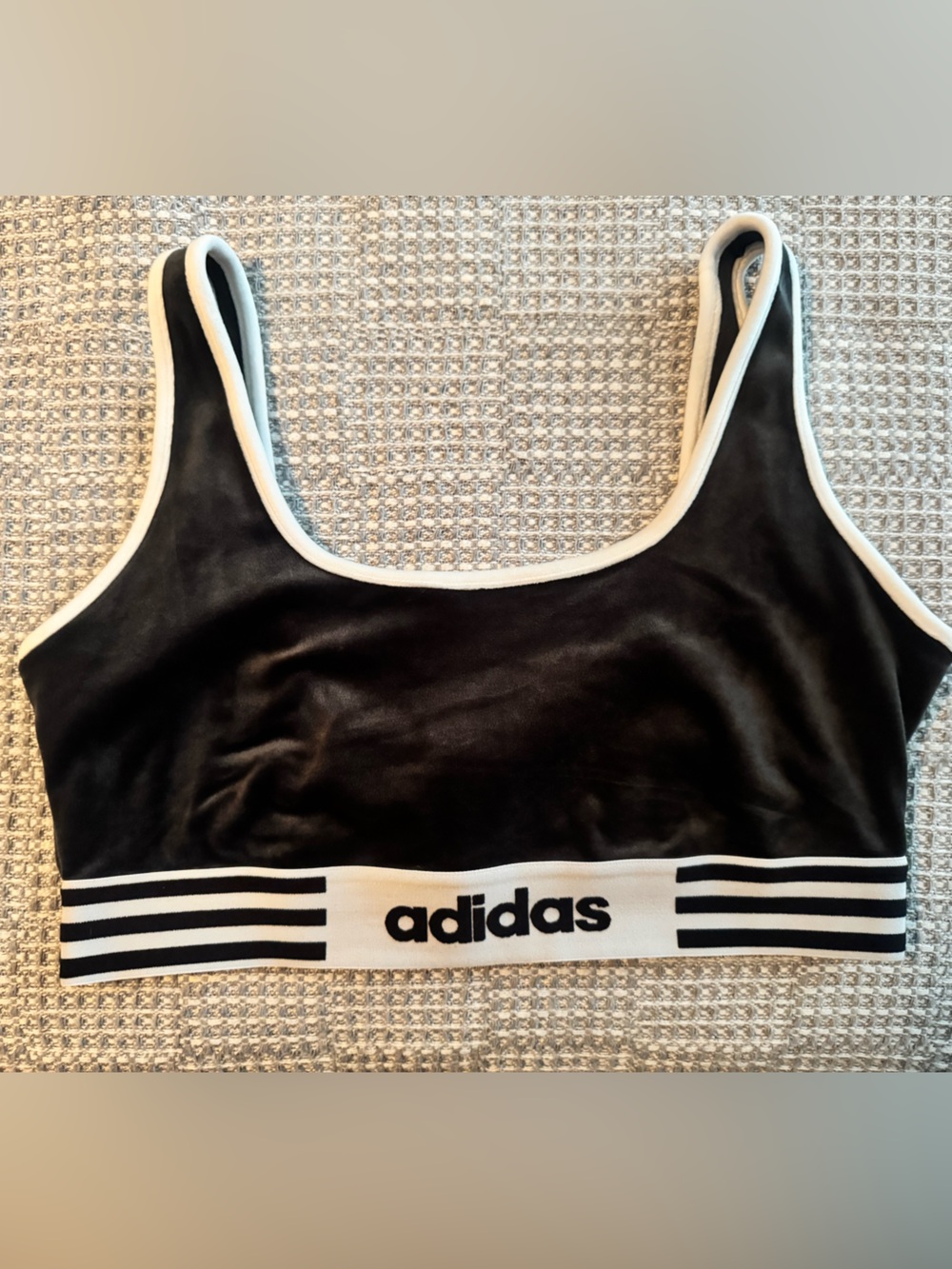 adidas Black velour Sports Bra with White Trim